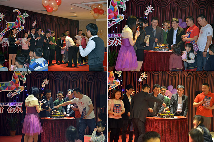 为生日的员工送上蛋糕，董事长还为寿星们送上精美礼物