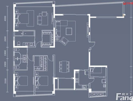 本单元的设计关键词：净、雅、简、时尚。客厅是主人品位的象征，本客厅的墙面没有过多的装饰，客餐厅的酒柜设计更是凸显了主人的品味格调，而本设计客厅没有主灯，让人感觉视野比较开阔。